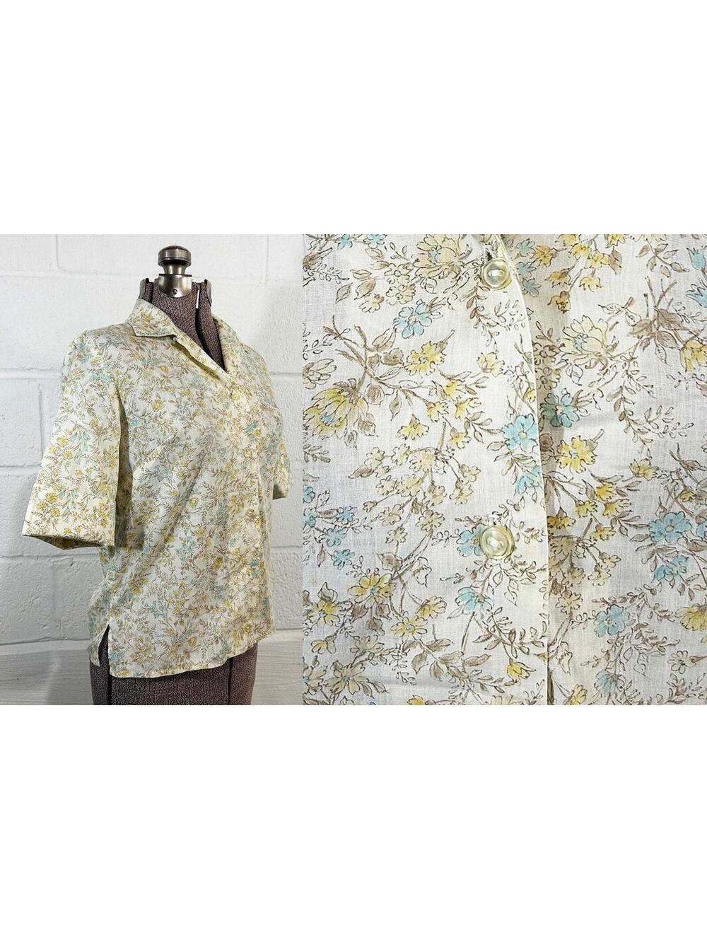 1960s Floral Blouse Yellow Cotton Button Up Half Sleeve M/L